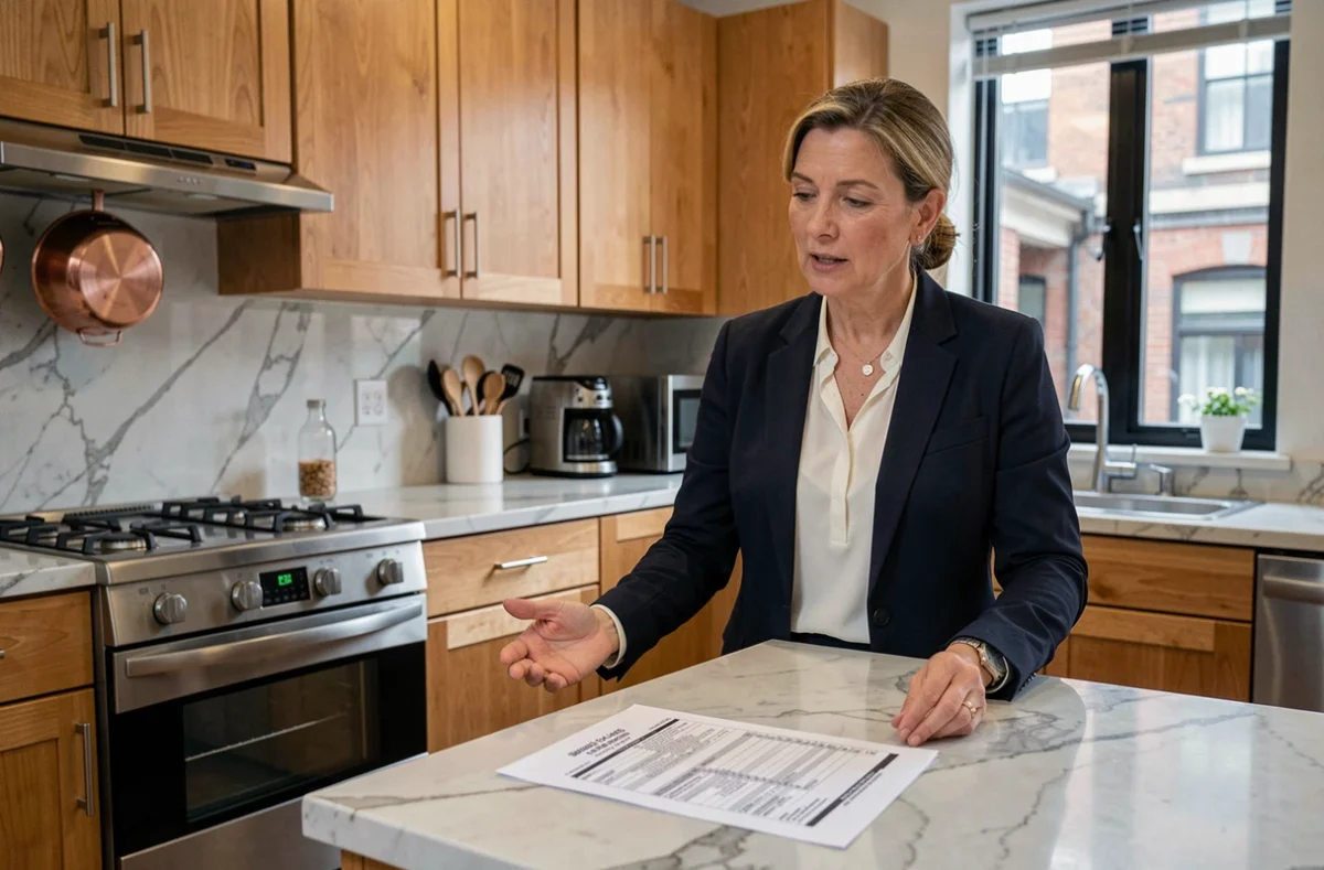 Propriétaire expliquant les charges locatives à une locataire dans une cuisine d'appartement meublé