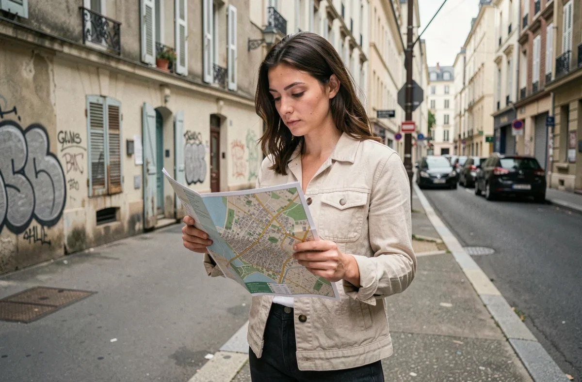 Femme consultant une carte de quartier à Nîmes avant de louer un appartement