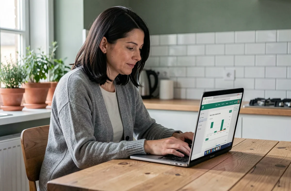 Femme utilisant un simulateur de frais de notaire en ligne depuis son appartement