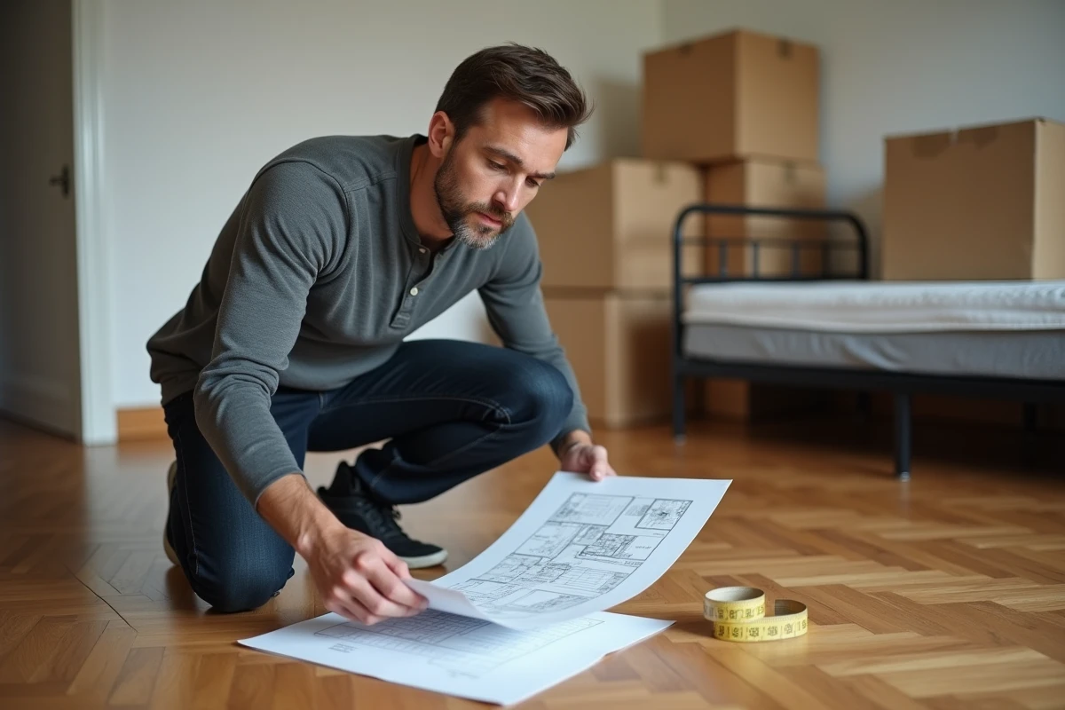 Locataire lisant un contrat de bail au sol d'un appartement partiellement meublé avec plan et mètre ruban