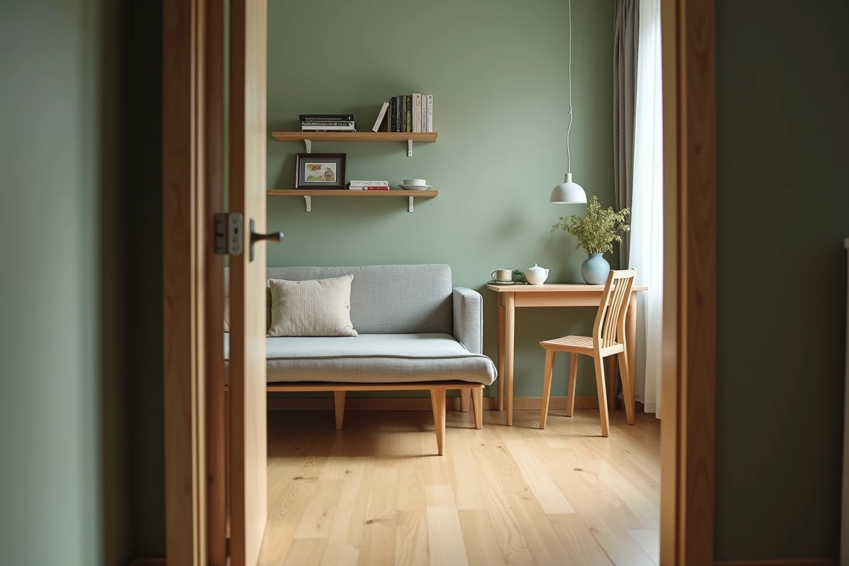 Intérieur d'un appartement meublé compact montrant l'agencement d'un studio avec canapé-lit, table et kitchenette