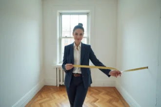 Agent immobilière mesurant la surface d'un studio vide avec un mètre ruban dans un appartement non meublé