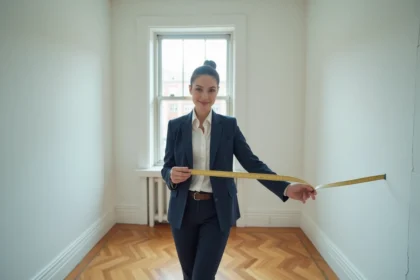 Agent immobilière mesurant la surface d'un studio vide avec un mètre ruban dans un appartement non meublé