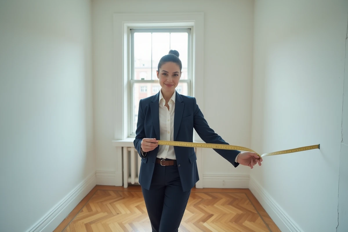 Agent immobilière mesurant la surface d'un studio vide avec un mètre ruban dans un appartement non meublé
