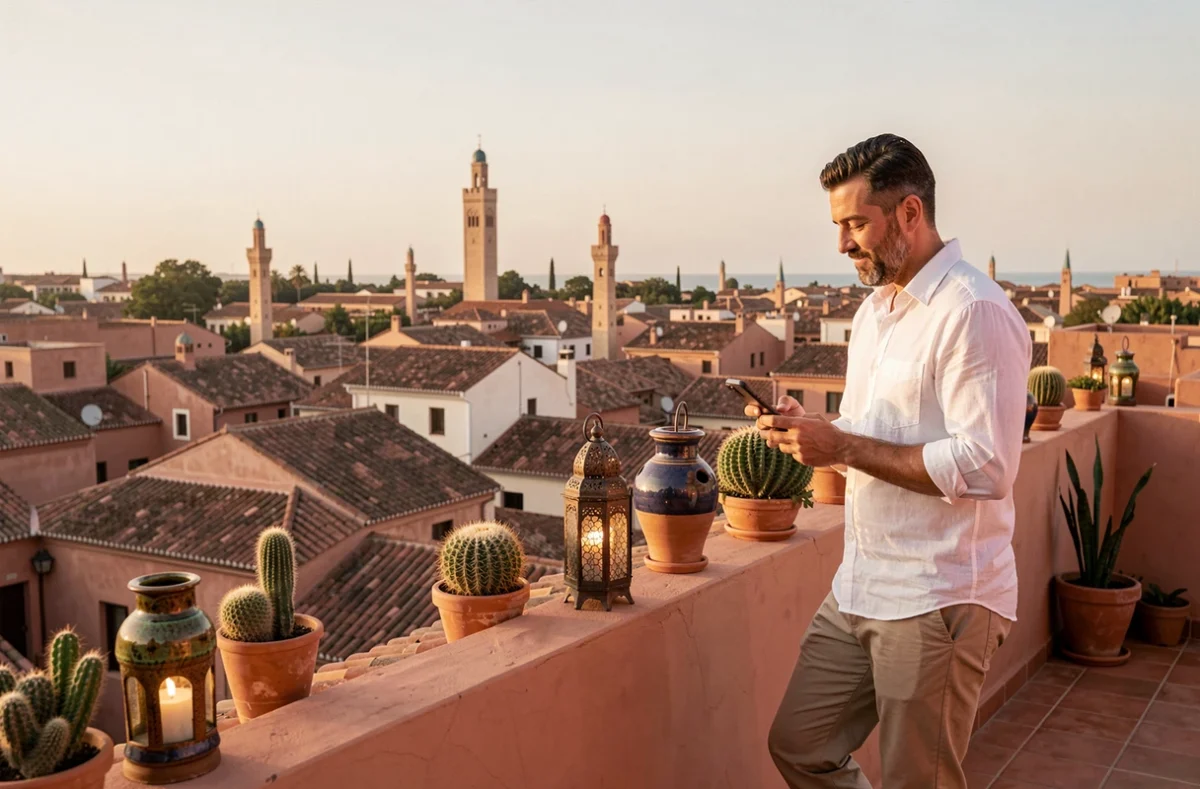 Terrasse de villa à Marrakech avec vue panoramique sur les toits de la médina pour expatriés
