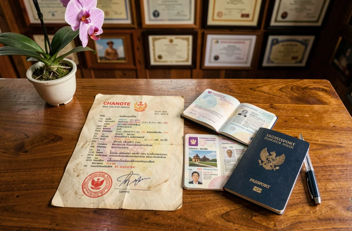 Titre de propriété thaïlandais Chanote et passeport avec visa longue durée posés sur une table en teck dans un bureau notarial en Thaïlande