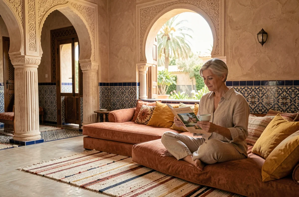 Intérieur authentique d'une villa marocaine à Marrakech avec décoration traditionnelle et touche moderne