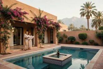 Couple d'expatriés devant une villa à vendre à Marrakech avec piscine et décor marocain traditionnel