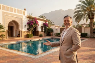 Villa de luxe avec piscine à vendre dans le quartier Targa de Marrakech, façade blanche traditionnelle marocaine entourée de palmiers et bougainvilliers