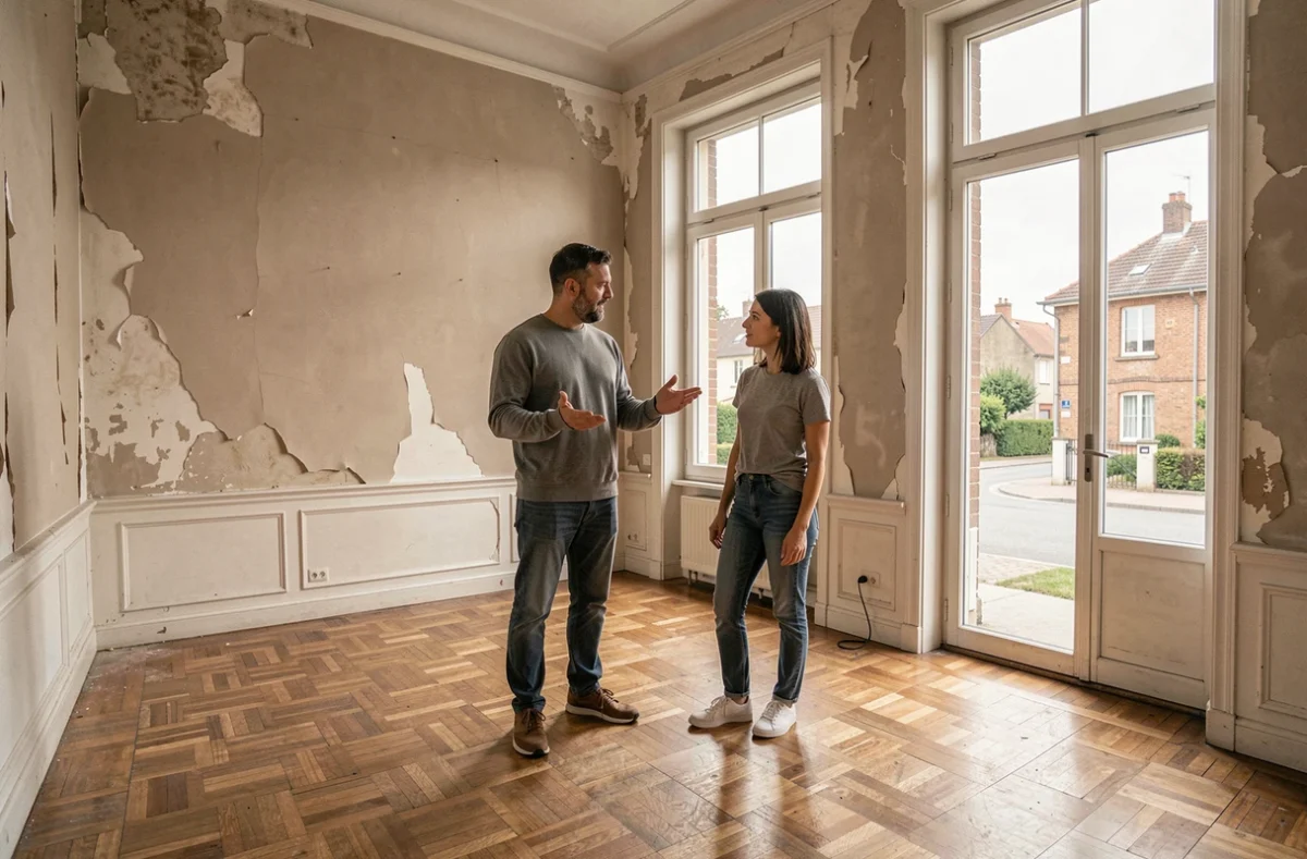 Frère et sœur visitant une maison héritée vide en indivision avant décision de vente