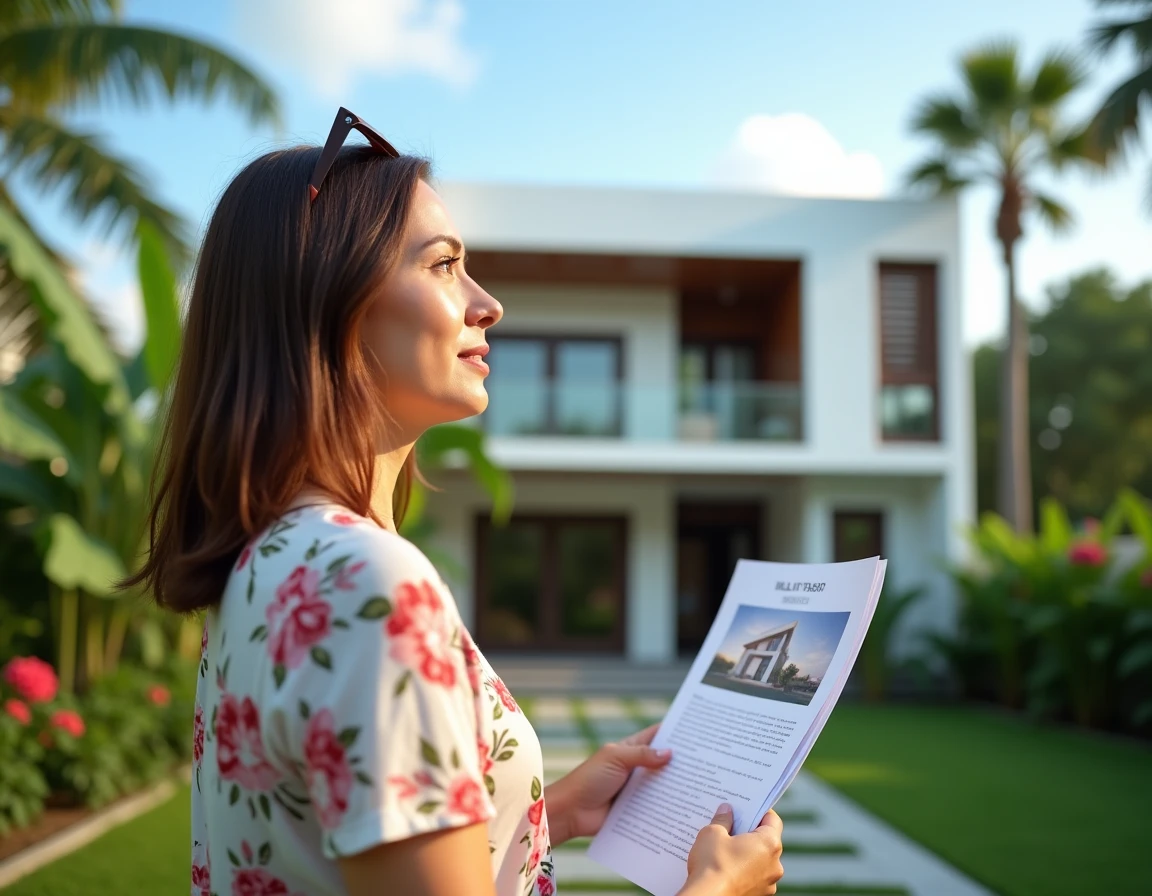 Une femme expatriée visitant une villa contemporaine en Thaïlande avec jardin tropical dans le cadre d'un projet d'achat immobilier
