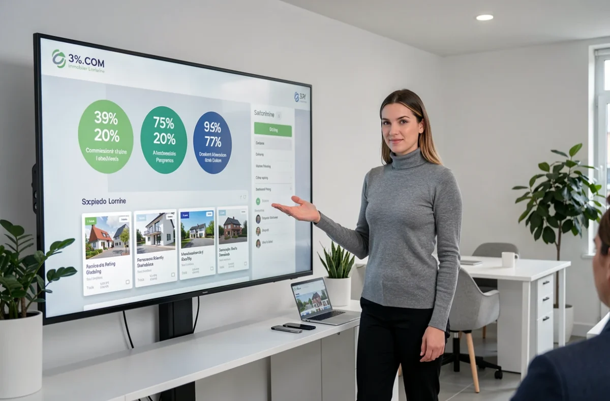 Agente de 3%.COM Immobilier Lorraine présentant un graphique de commission sur grand écran dans un bureau moderne et minimaliste