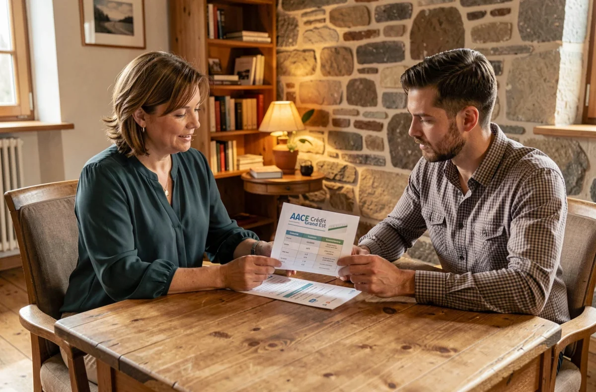 Courtière ACE Crédit Grand Est remettant un comparatif de prêts immobiliers à un client dans un bureau régional chaleureux