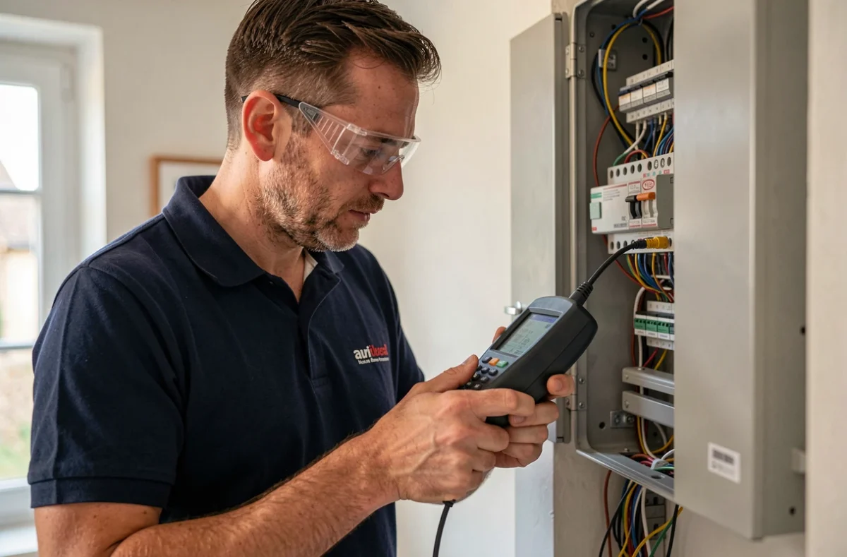 Technicien Activ'Expertise Saint-Étienne Montbrison inspectant un tableau électrique lors d'un diagnostic immobilier