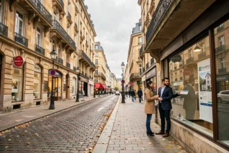 Vue de rue à Nancy en Meurthe-et-Moselle avec des agences immobilières visibles en vitrine et un couple consultant des annonces de biens