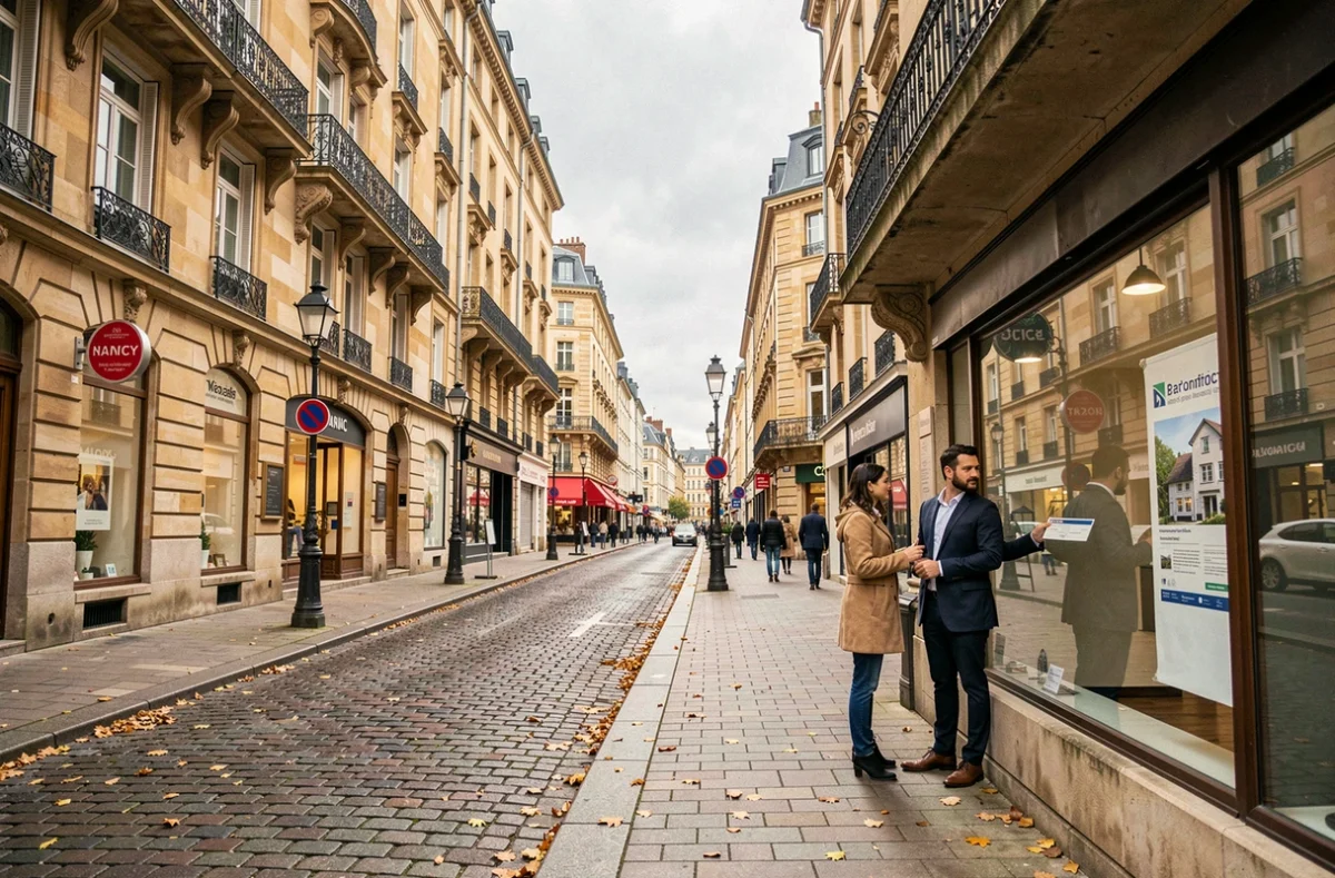 Vue de rue à Nancy en Meurthe-et-Moselle avec des agences immobilières visibles en vitrine et un couple consultant des annonces de biens