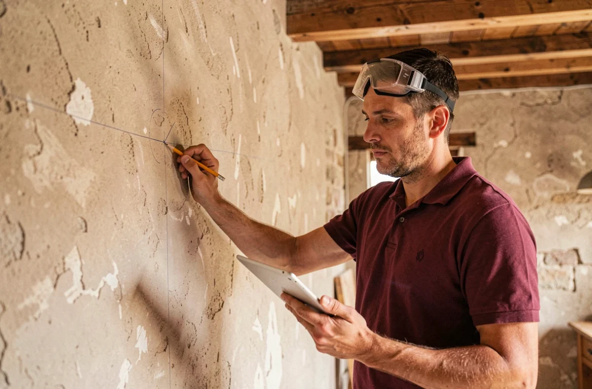 Technicien Agenda Diagnostics Saint-Étienne prenant des mesures dans une maison en rénovation