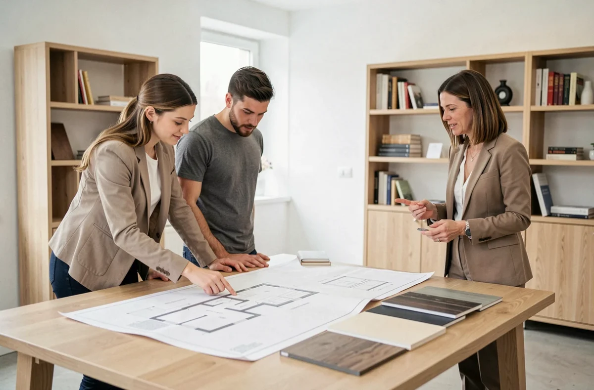 Couple en consultation avec une architecte autour de plans de maison dans un showroom de constructeur en Aveyron