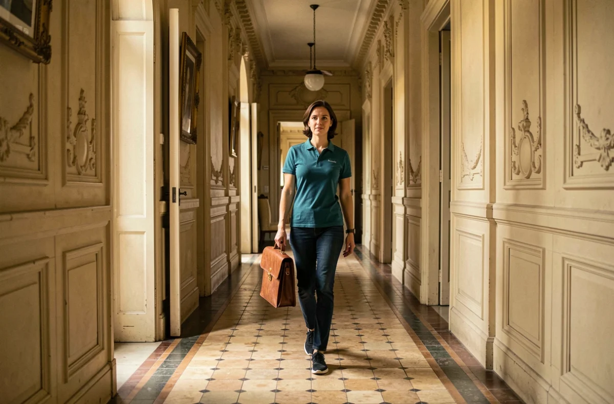 Diagnostiqueur Arliane Diagnostic Immobilier Saint-Étienne marchant dans le couloir d'un immeuble classique