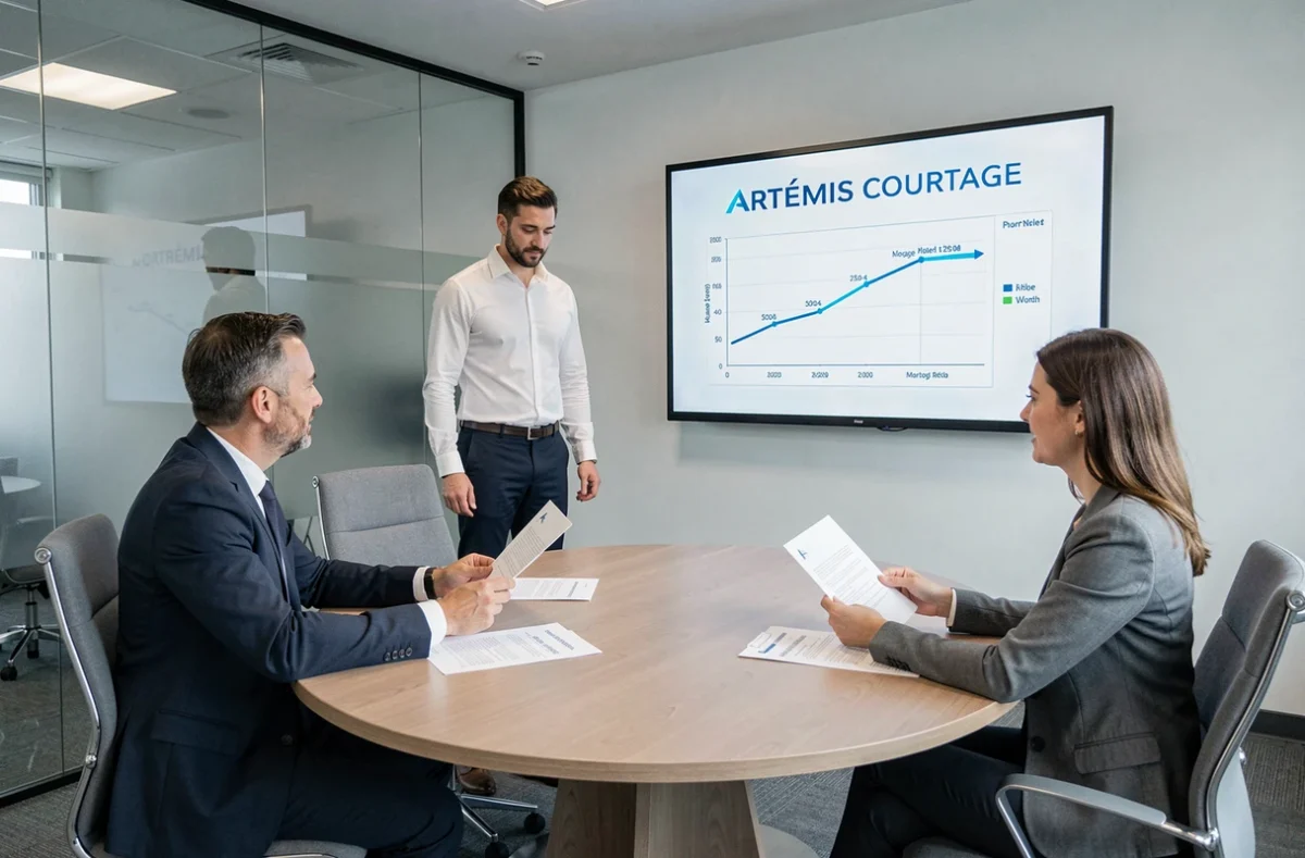 Courtier Artémis Courtage debout devant un écran de présentation lors d'une réunion de conseil en financement immobilier