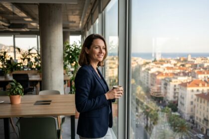 Professionnelle dans un bureau moderne en centre-ville de Nice avec vue sur les toits et les palmiers