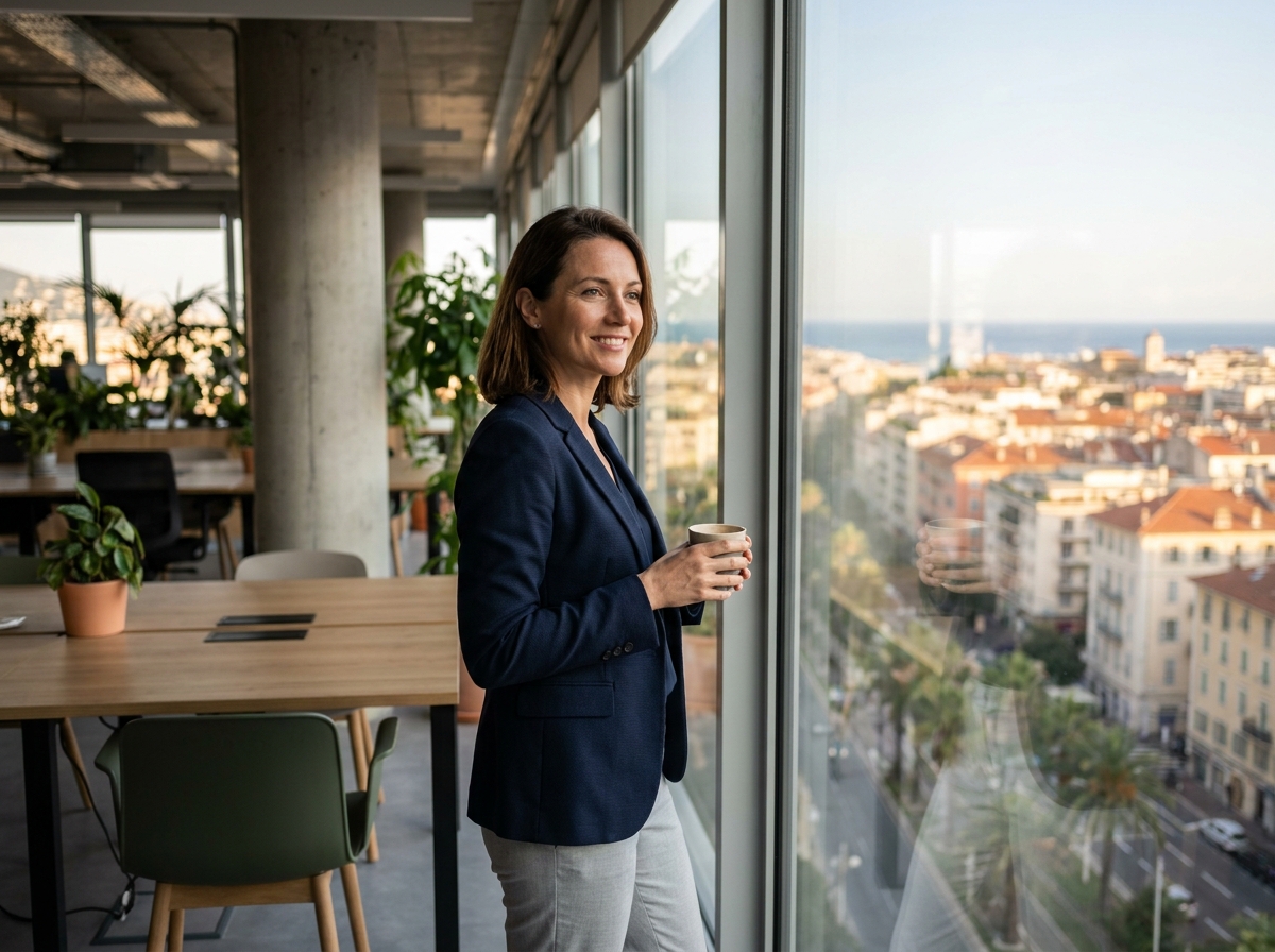 Professionnelle dans un bureau moderne en centre-ville de Nice avec vue sur les toits et les palmiers
