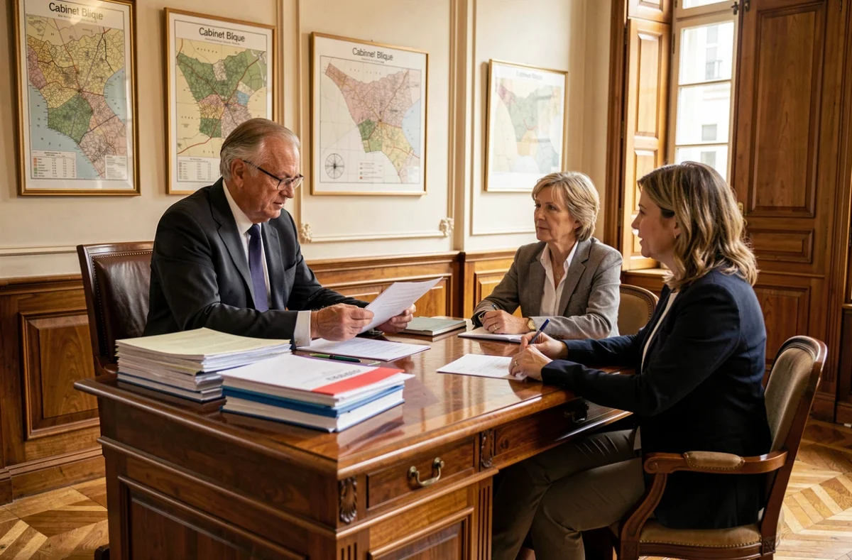 Bureau classique du Cabinet Blique Nancy avec un agent senior en costume sombre consultant un contrat avec un couple de clients