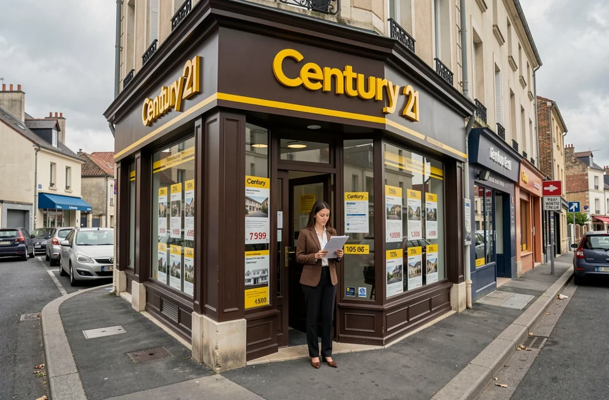 Façade de l'agence Century 21 avec la signalétique marron et jaune caractéristique et une agente consultant un dossier devant l'entrée