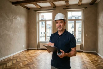 Diagnostiqueur immobilier professionnel inspecte un appartement dans la Loire avec clipboard et équipement de mesure