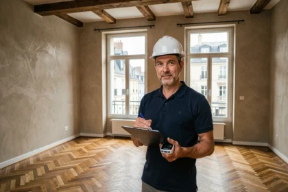 Diagnostiqueur immobilier professionnel inspecte un appartement dans la Loire avec clipboard et équipement de mesure