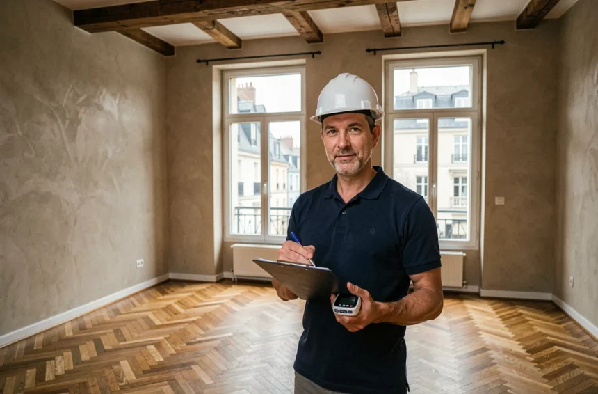 Diagnostiqueur immobilier professionnel inspecte un appartement dans la Loire avec clipboard et équipement de mesure