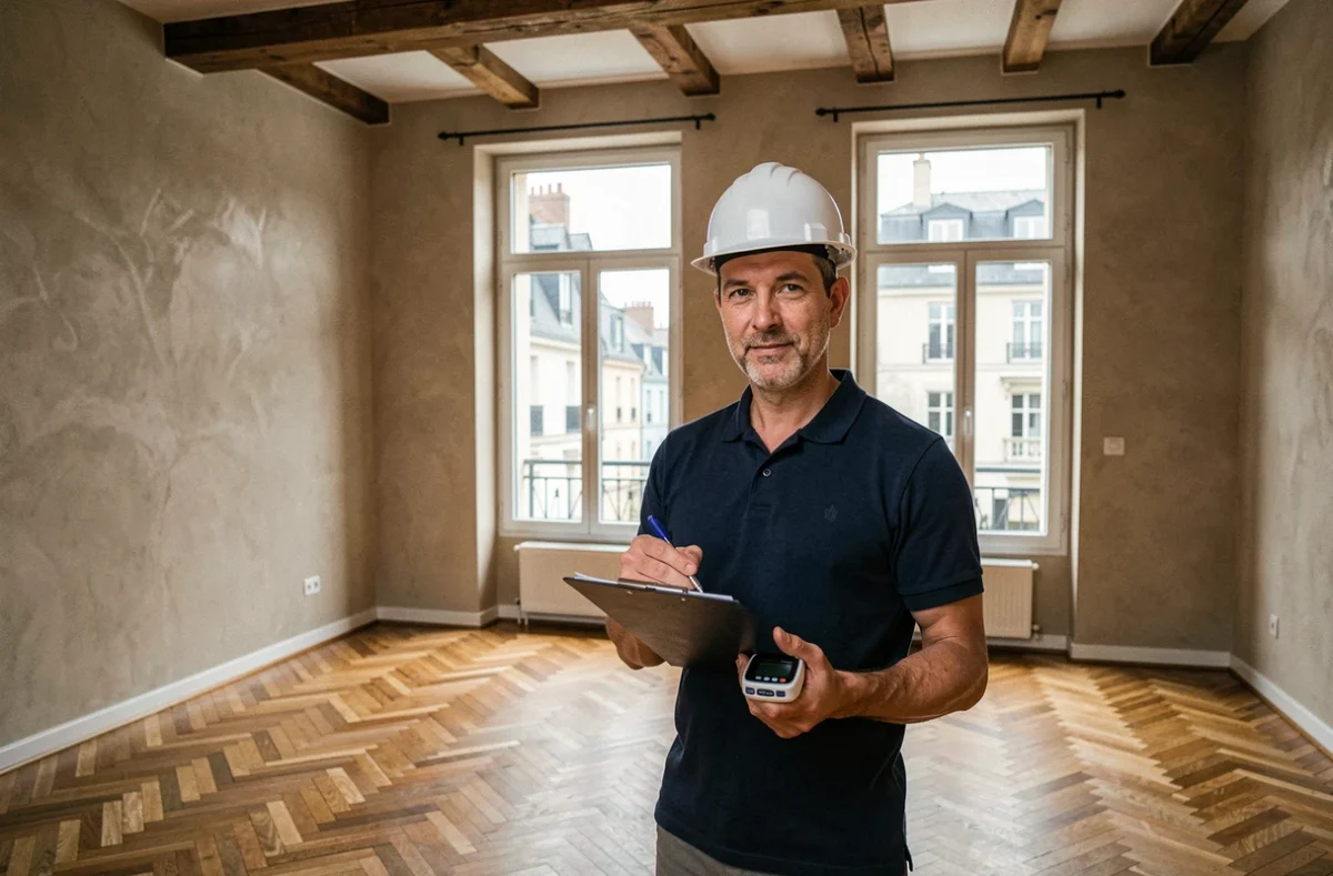 Diagnostiqueur immobilier professionnel inspecte un appartement dans la Loire avec clipboard et équipement de mesure