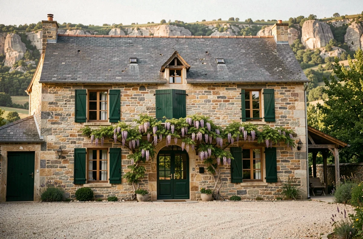 Ancienne ferme en pierre rénovée avec toit en ardoise et volets verts dans un paysage de l'Aveyron