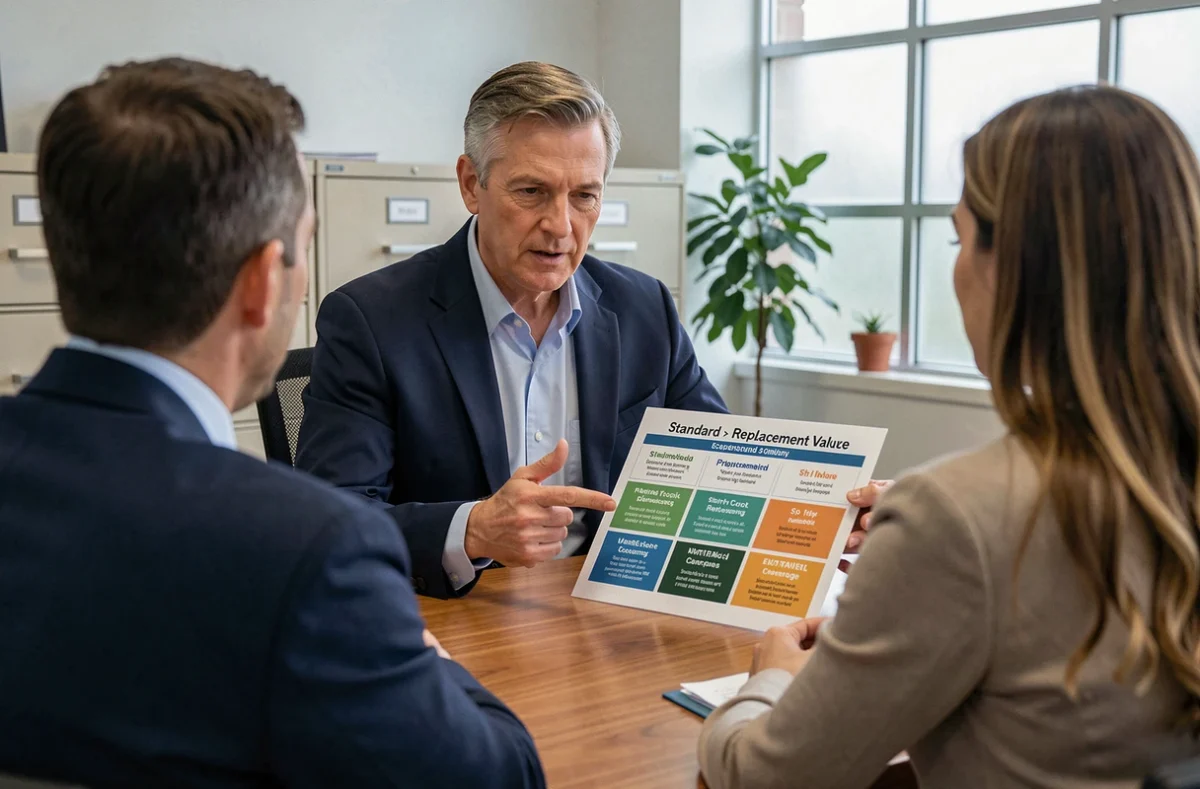 Conseiller en assurance présentant les options valeur à neuf à ses clients dans une agence