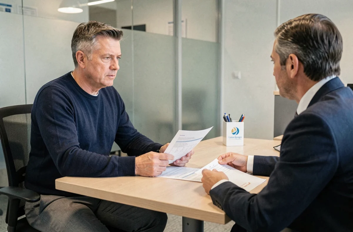 Client et conseiller bancaire discutant d'un devis d'assurance habitation à la Caisse d'Épargne