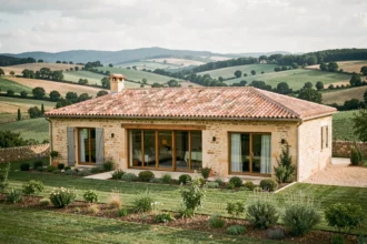 Vue large d'une maison individuelle neuve en Aveyron avec paysage de campagne verdoyante en arrière-plan
