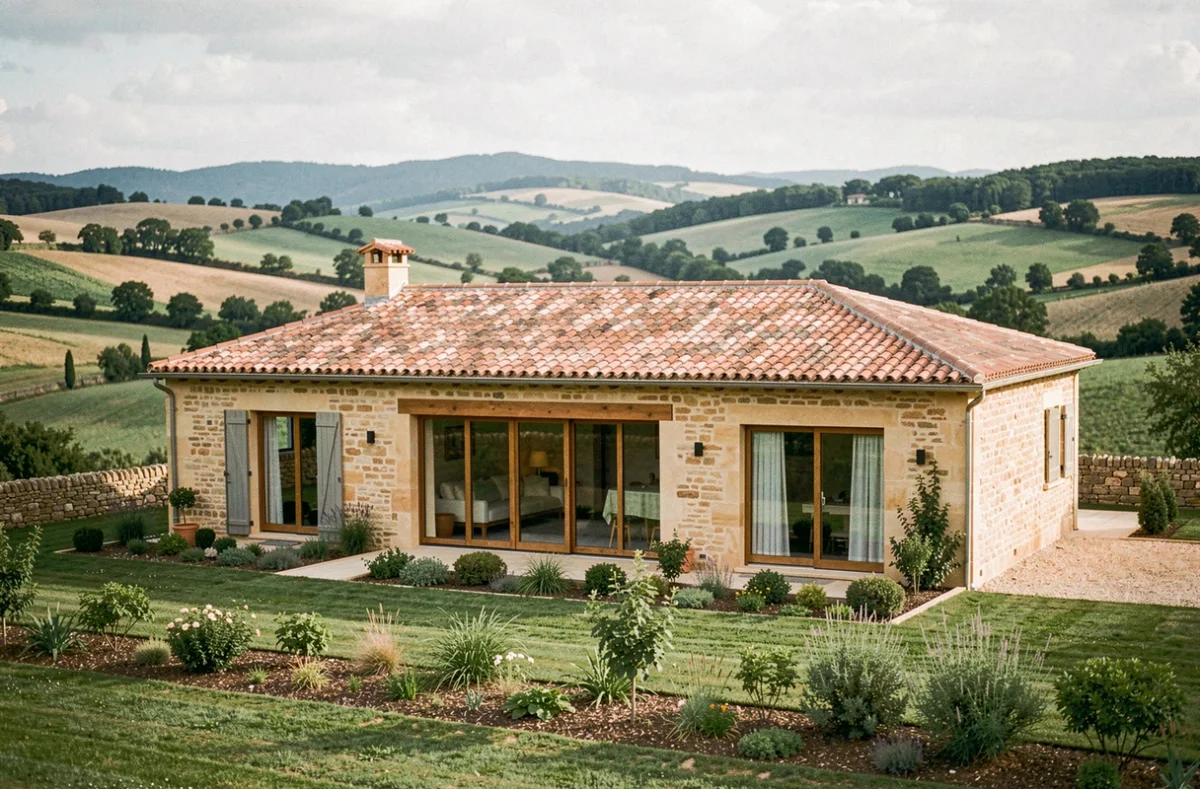 Vue large d'une maison individuelle neuve en Aveyron avec paysage de campagne verdoyante en arrière-plan