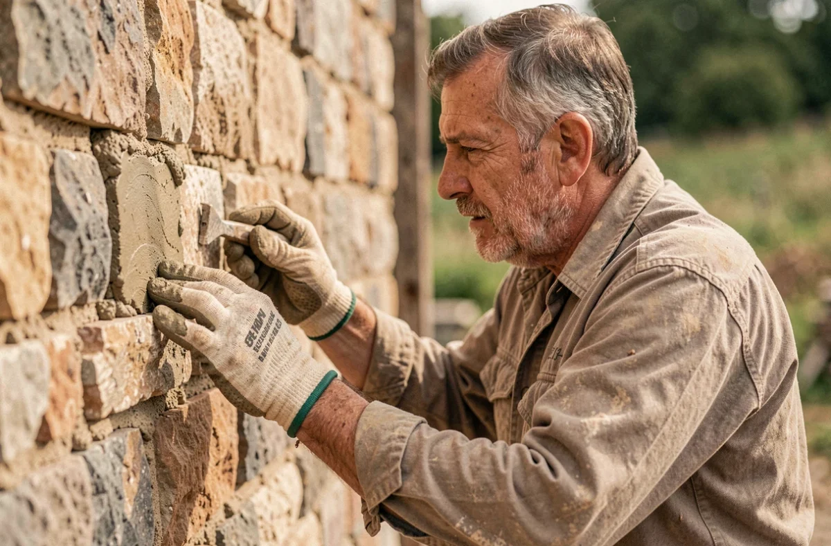 Maçon appliquant du mortier sur un mur en pierre naturelle lors de la construction d'une maison en Aveyron