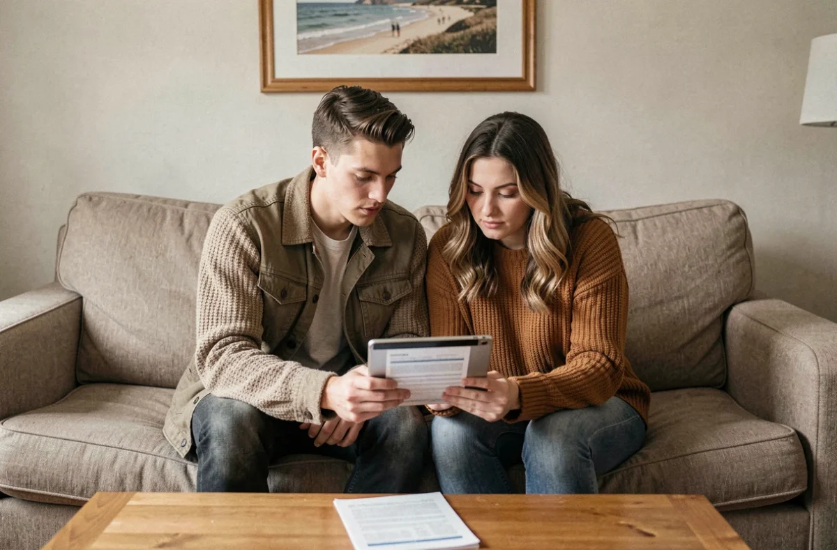 Couple de jeunes locataires consultant un contrat d'assurance habitation sur tablette dans leur appartement