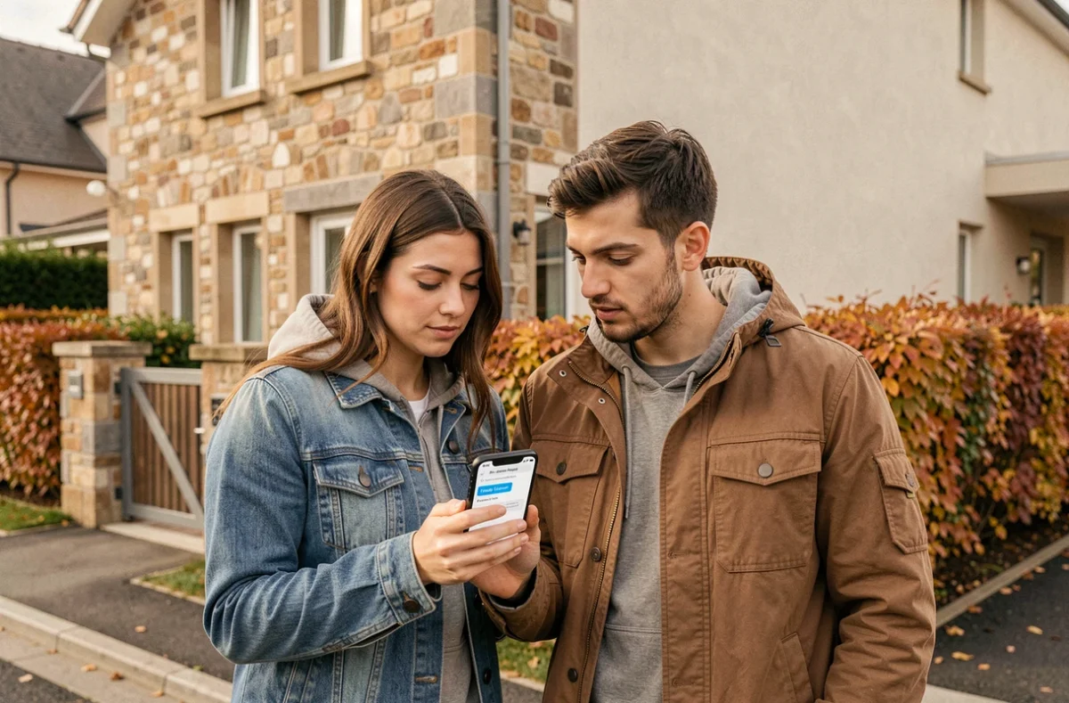 Couple de propriétaires consultant un devis d'assurance habitation sur smartphone devant leur maison