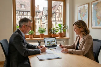 Deux professionnels du courtage en prêt immobilier consultent des documents dans un bureau moderne du Grand Est