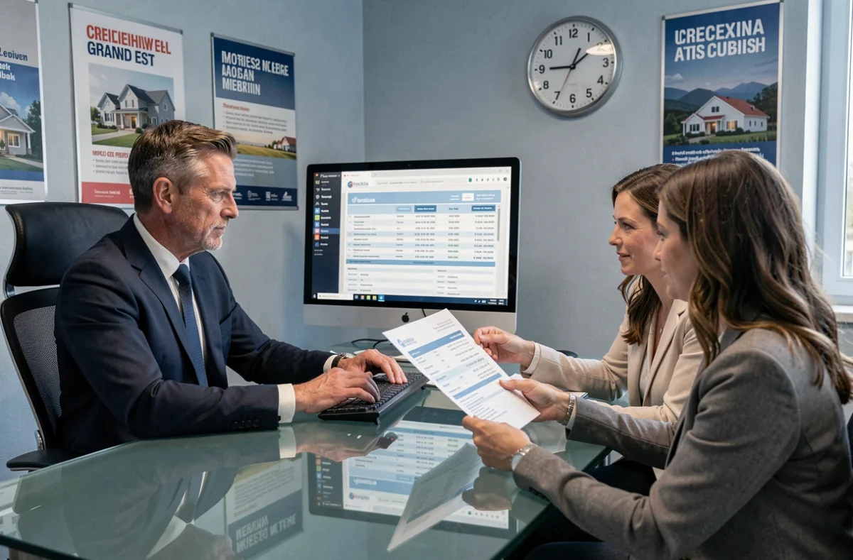 Courtier Credixia Grand Est présentant un tableau d'amortissement de prêt immobilier à un couple de clients