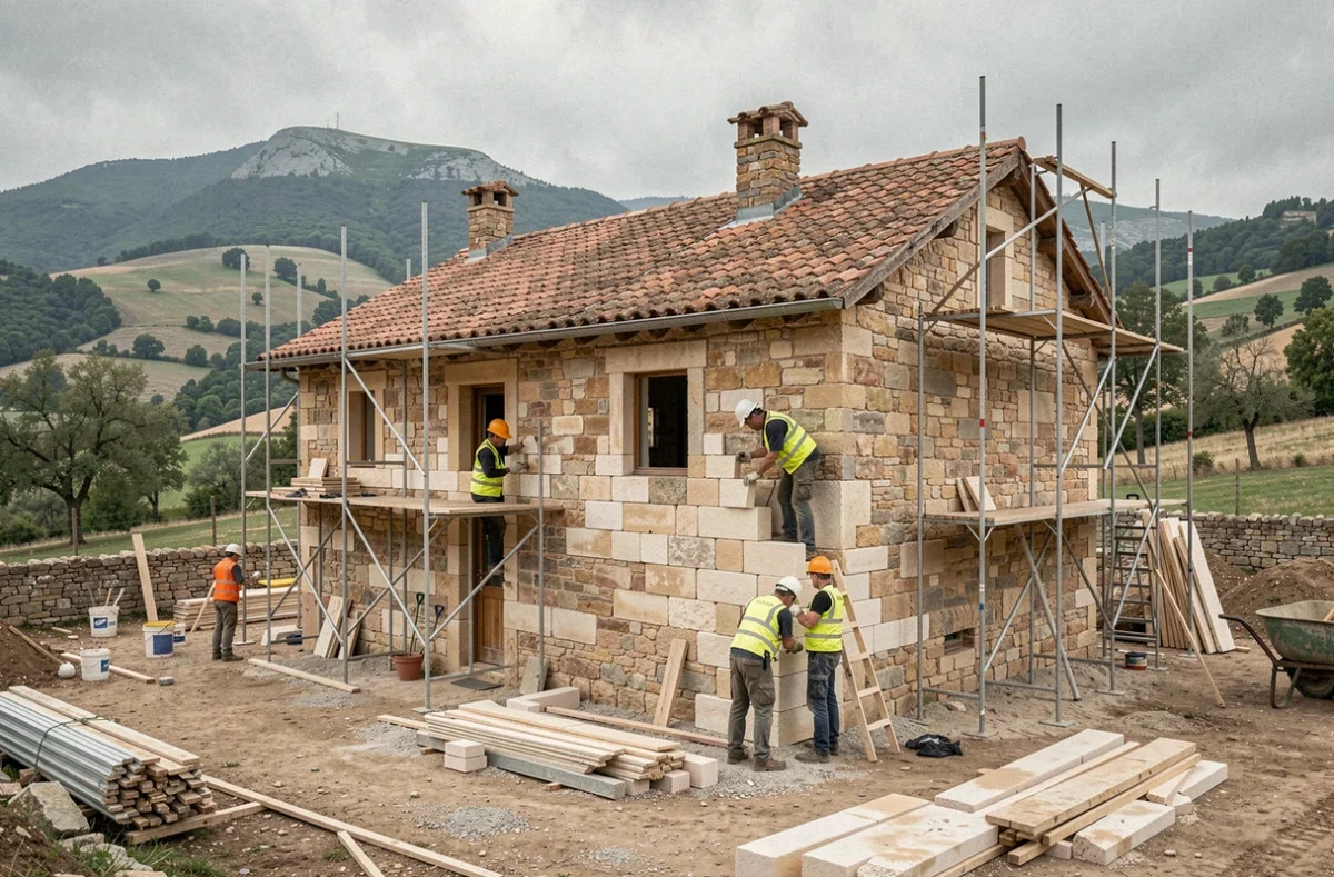 Chantier de construction d'une maison en pierre de style occitan en Aveyron avec ouvriers sur échafaudage