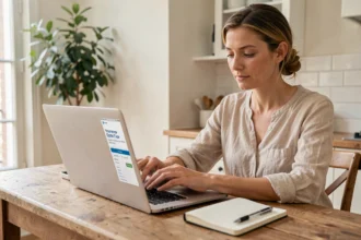 Femme consultant un devis d'assurance habitation en ligne sur un ordinateur portable dans un appartement français
