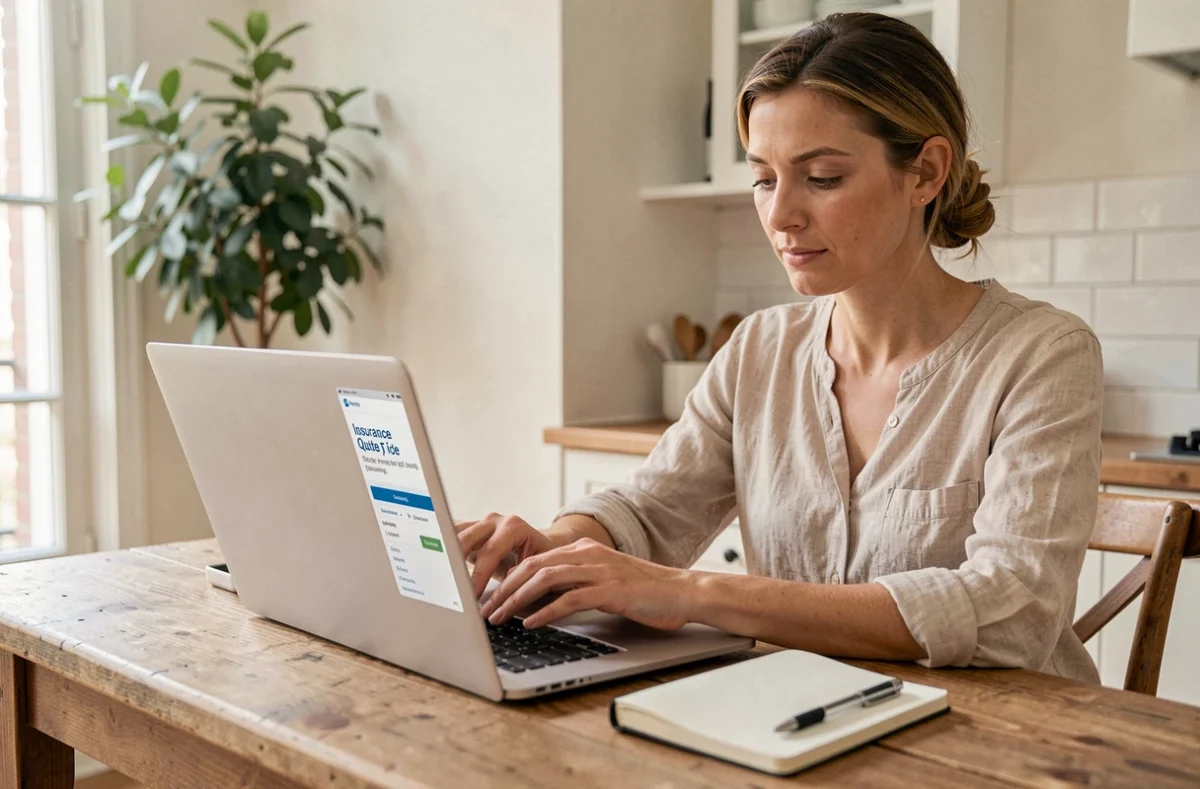 Femme consultant un devis d'assurance habitation en ligne sur un ordinateur portable dans un appartement français