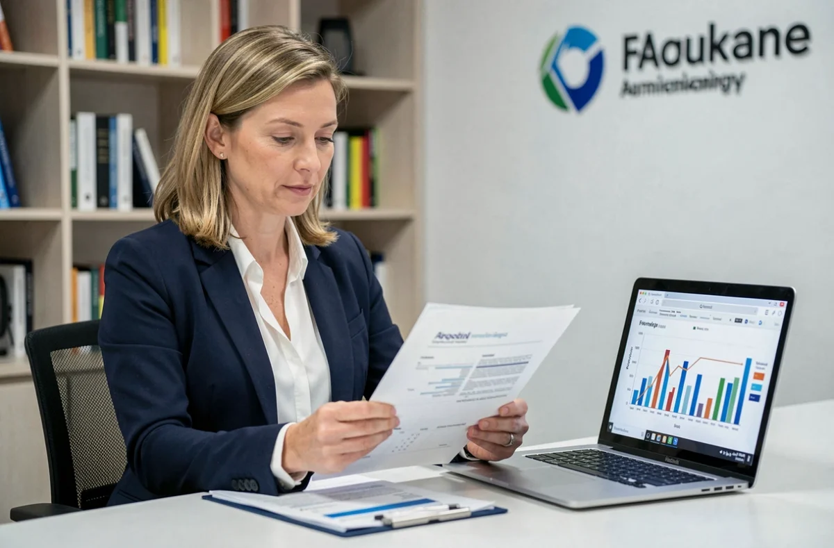 Conseillère Diagnostics de France Agence Loire révisant un rapport de performance énergétique dans un bureau moderne
