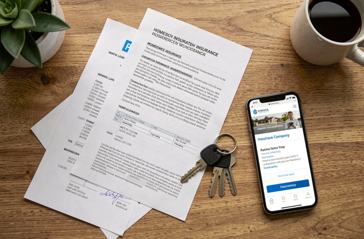 Vue de dessus d'un bureau avec contrat de location, attestation d'assurance habitation et clés d'appartement