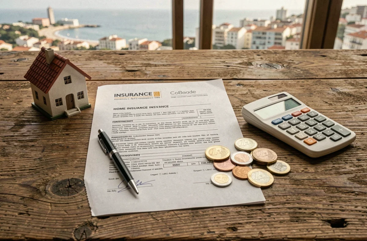 Documents d'assurance habitation, calculatrice et pièces en euros sur un bureau en bois pour illustrer un budget à Calais