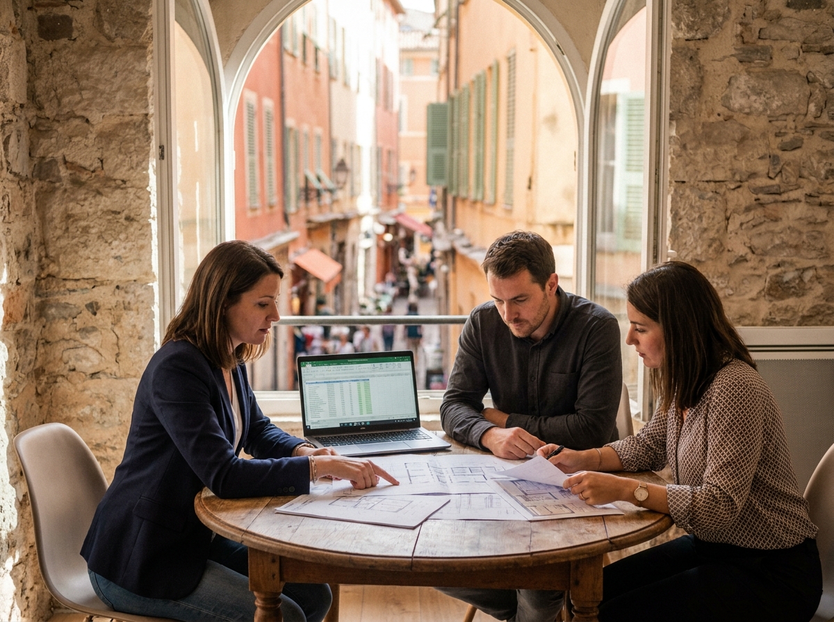 Équipe de professionnels en réunion dans un bureau en vieille ville de Nice avec vue sur une rue piétonne