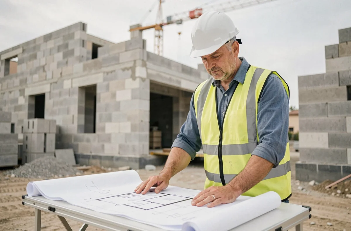 Chef de chantier en gilet réfléchissant consultant des plans devant une maison en construction dans l'Aveyron
